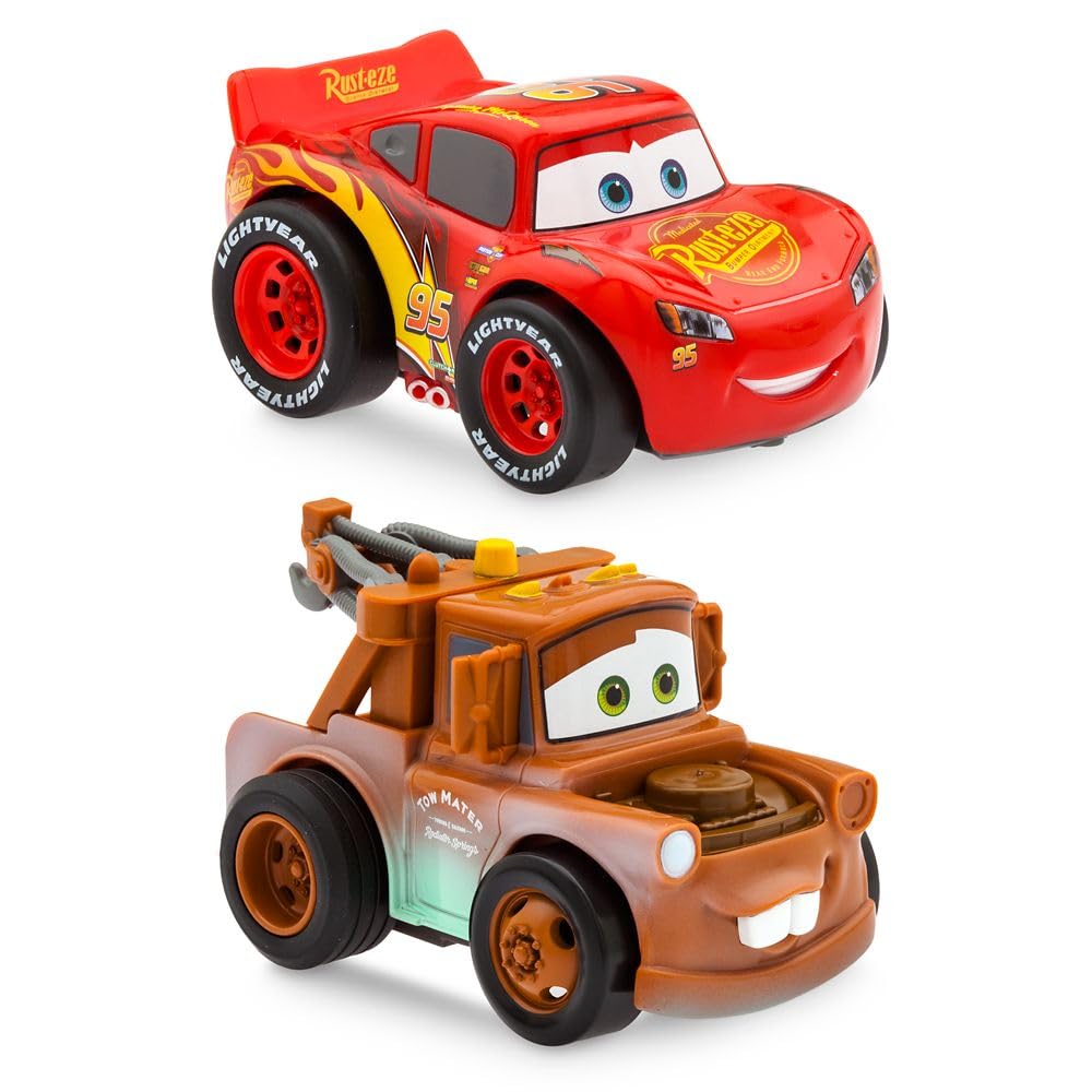 Disney Store Official Lightning McQueen and Tow Mater Pullback Stunt Vehicles Set - Pull Back Toys, 4 Tricks - Super Speed, Wheelie, Spin Right/Left - Fun Stunt Car Set for Kids