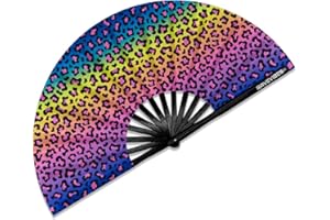 Ravevibes 13" Large Rave Fan Folding Hand Fan, Bamboo Festival Clack Fan Foldable UV Glow Edm Fans For Rave Outfits Accessories Performance Dance Party For Men Women, Leopard
