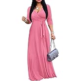 FANDEE Women's 2026 Maxi Dress - Solid Color Bohemian Summer Long Maxi Dress V-Neck 3/4 Sleeve