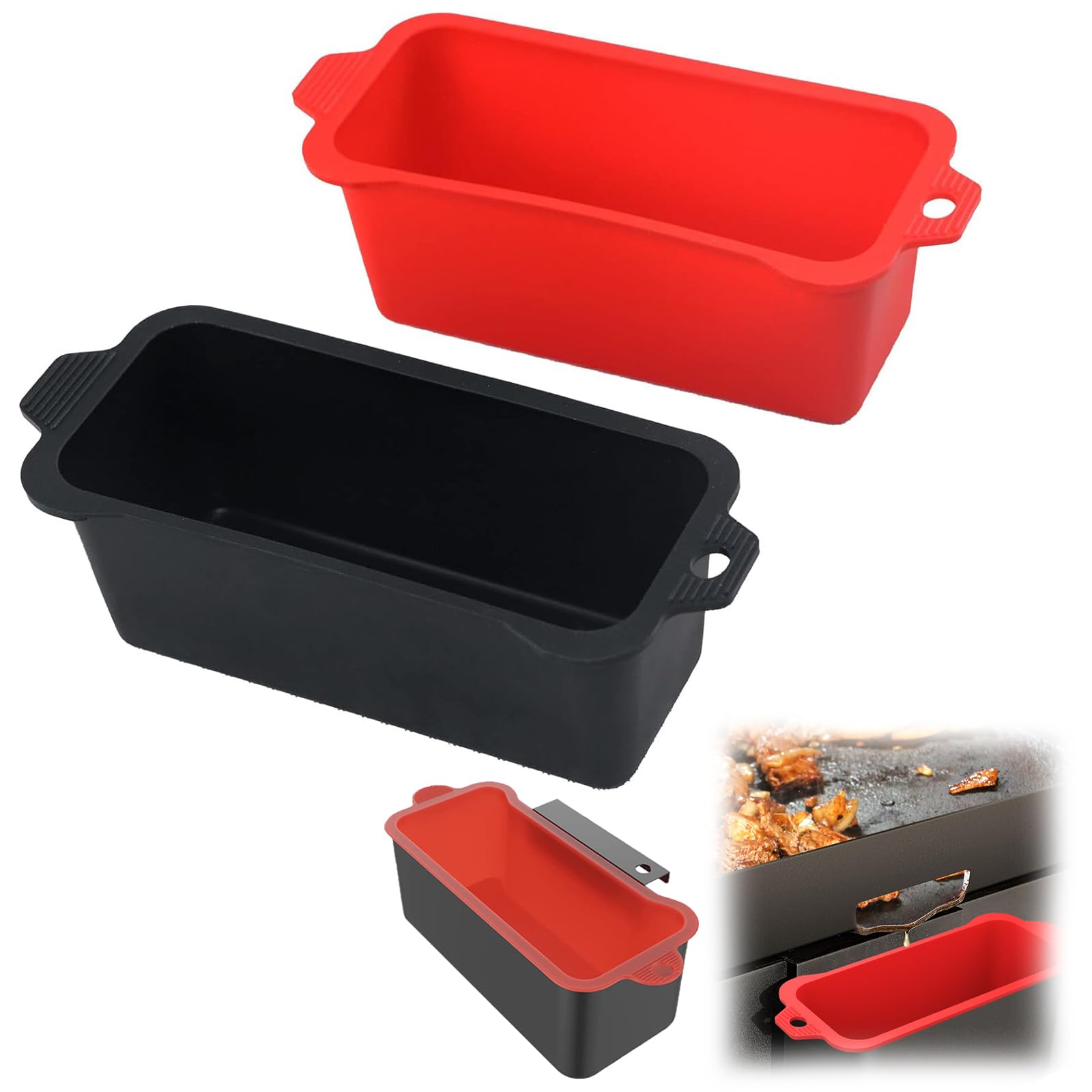 2 Pcs Silicone Grease Cup Liners for Blackstone Grill,Reusable Drip Pan Liners,Griddle Grease Catcher Liner Drip Tray Replacement Part,Blackstone Griddle Accessories(8.6*3.1*2.7Inches)（Black+red)）