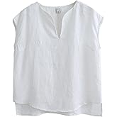 Amazhiyu Women's 100% Linen Cap Sleeve Blouse Summer Basic V Neck Top Casual