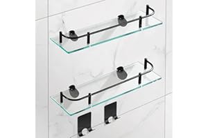 VASUHOME 2 Tier Bathroom Glass Shelves, Tempered Glass Bathroom Wall Organizer with Black Guardrail, and 2 Metal Hooks - Wall Mounted Rectangular Shelves for Storage and Display