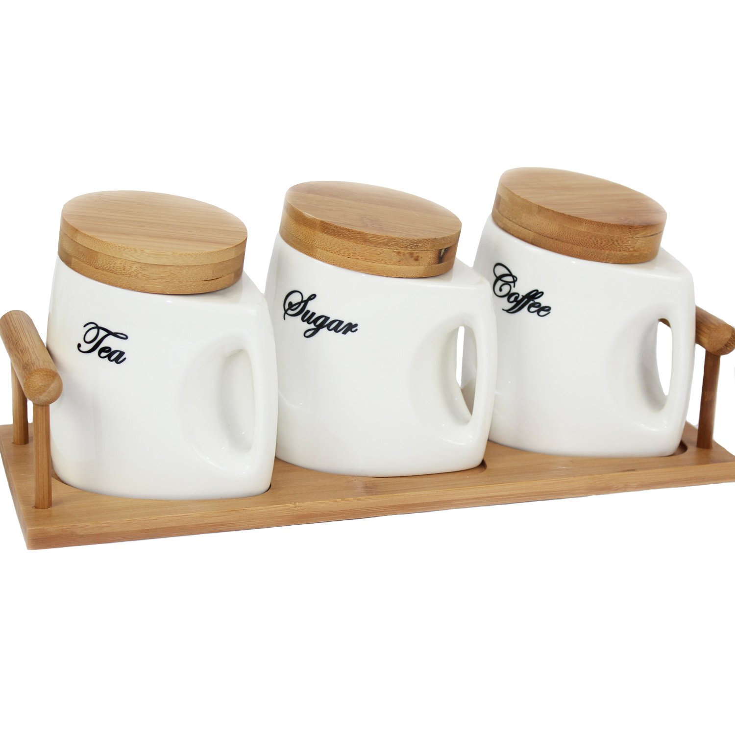 Prime Homewares Tea Coffee Sugar Jars Canisters White Ceramic Jars With Bamboo Lids & Tray