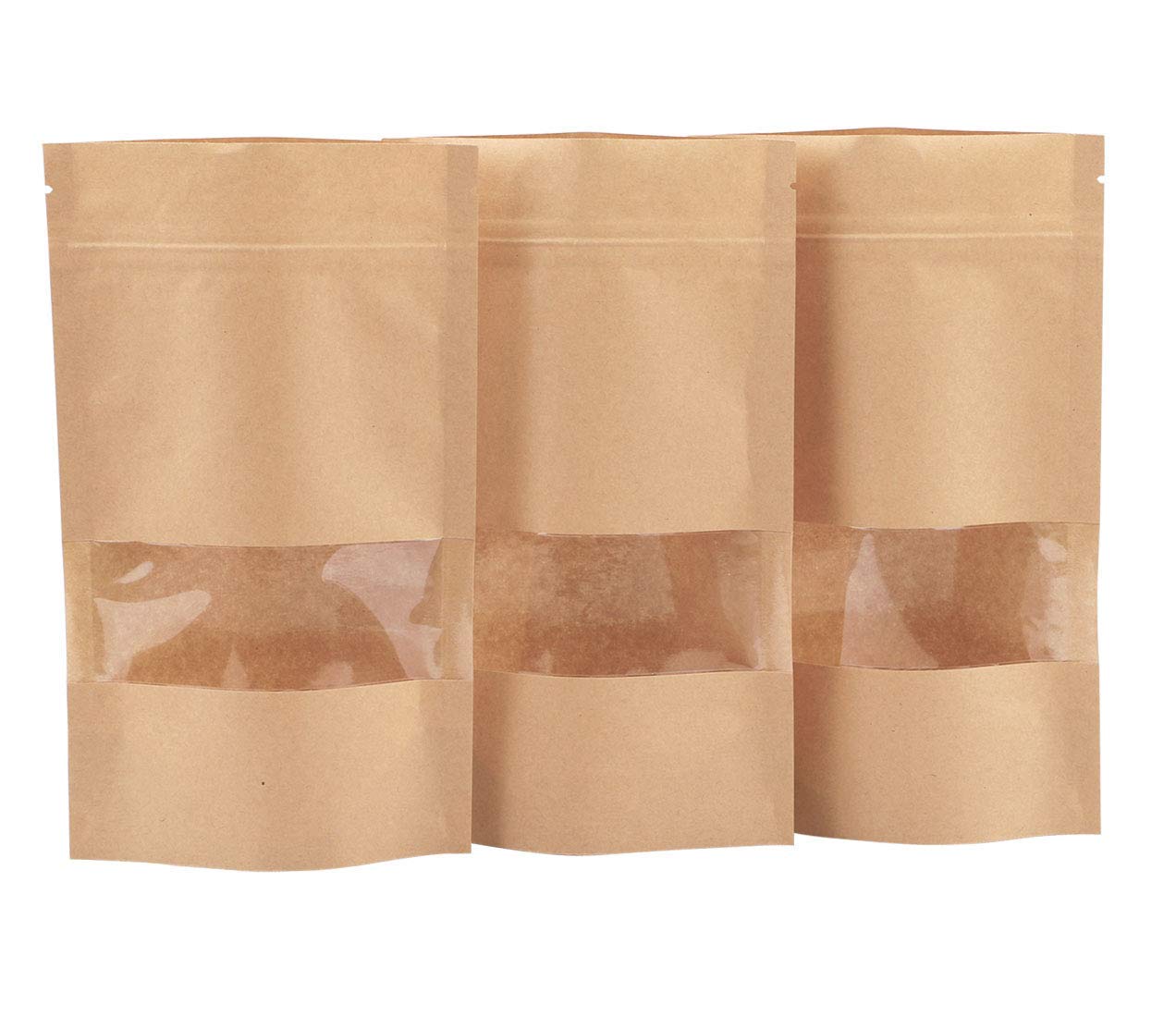 Dproptel 50 Pack Reusable Ziplock Grip Standable Seal Bags Waterproof Brown Kraft Paper Stand Up Pouch with Transparent Window Food Storage Pouches Packing Bag (9X14CM)