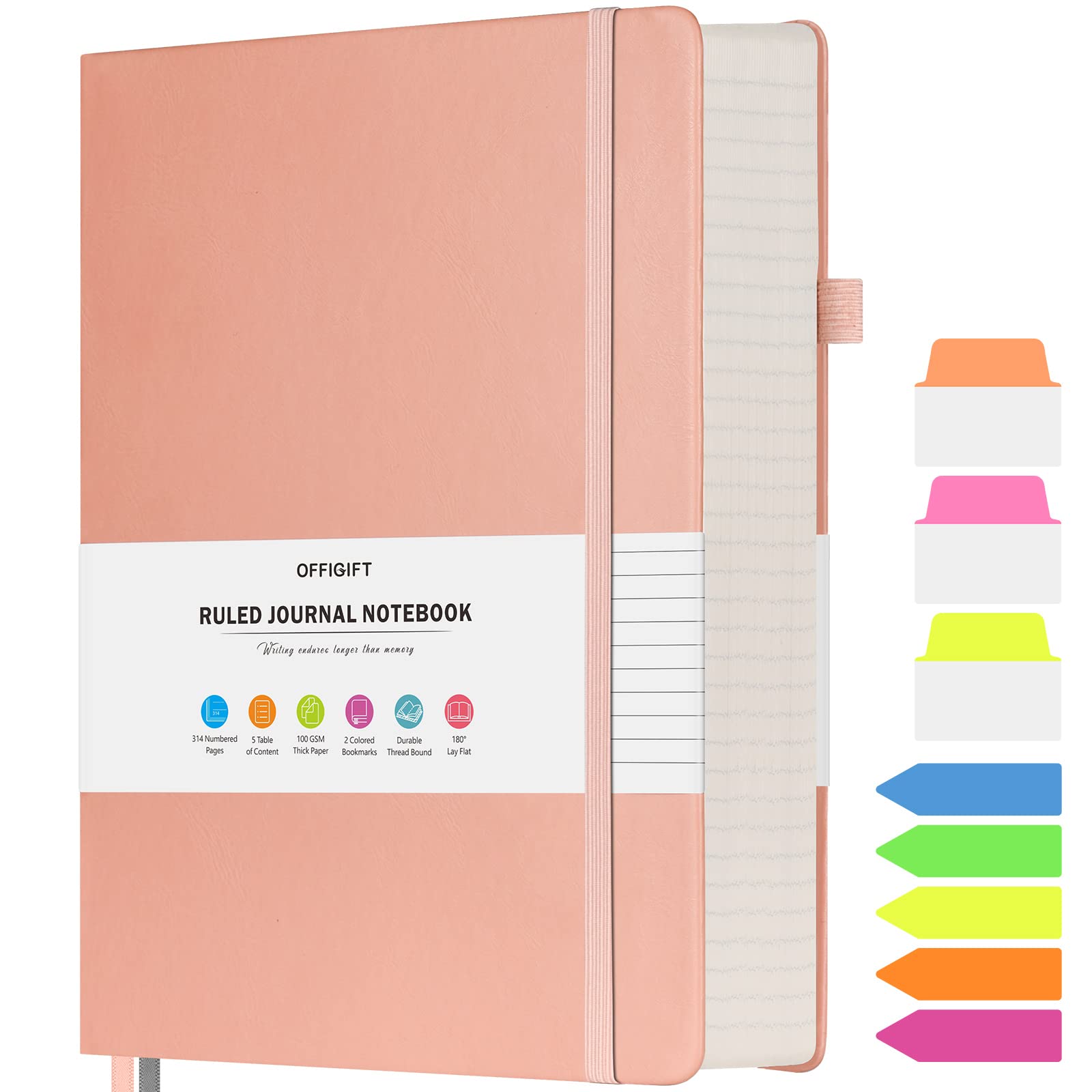 OFFIGIFT Lined Journal Notebook, Large A5 Hardcover Leather Journal, 312 Numbered Pages Work Notebook, 100gsm No Bleed Paper, College Ruled Notebook for Women Men School Office, Pink