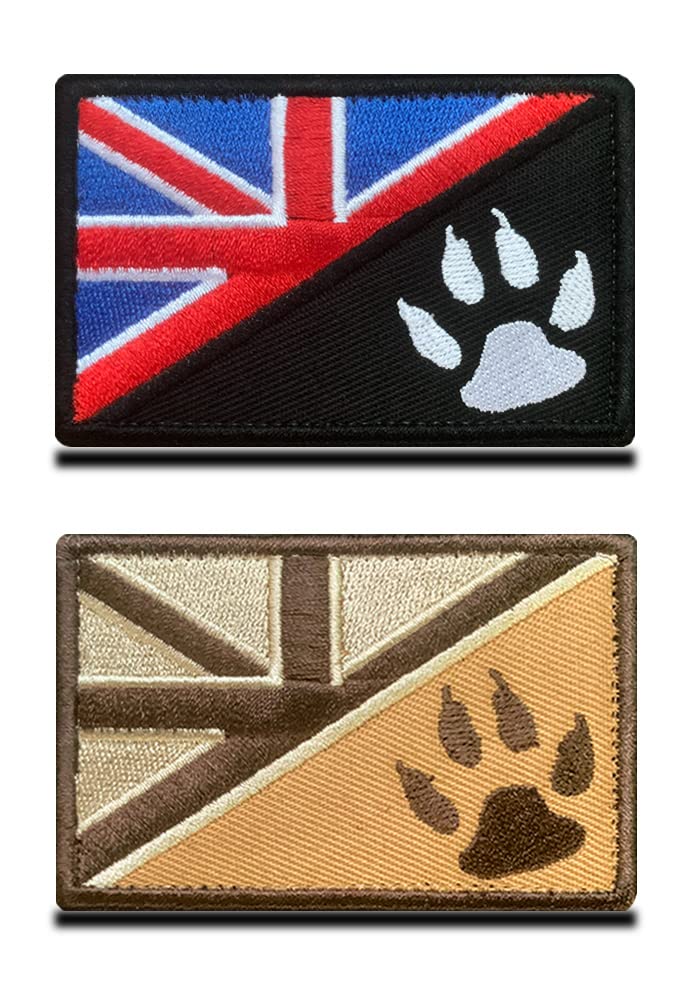 Zcketo 2 Pack Tactical United Kingdom Flag /Dog Tracker Dog Paw Army Police Patriot Military Embroidered Applique Hook & Loop Service Patch for Medium Large Dogs Harness Vest Clothes