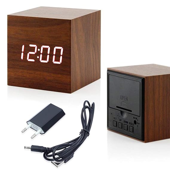ANHEY LED Wecker Wiederaufladbar Holz Tischuhr Klein Cube Datum/Temperatur Anzeige Digital Wecker Dunkelbraun