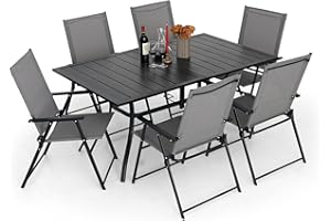 Anmutig 7 Pieces Folding Patio Dining Set, Metal Outdoor Patio Furniture Set of 7, Black Rectangular Dining Table with Umbrella Hole & 6 Folding Chairs for Garden Lawn, Deck, Backyard, Grey