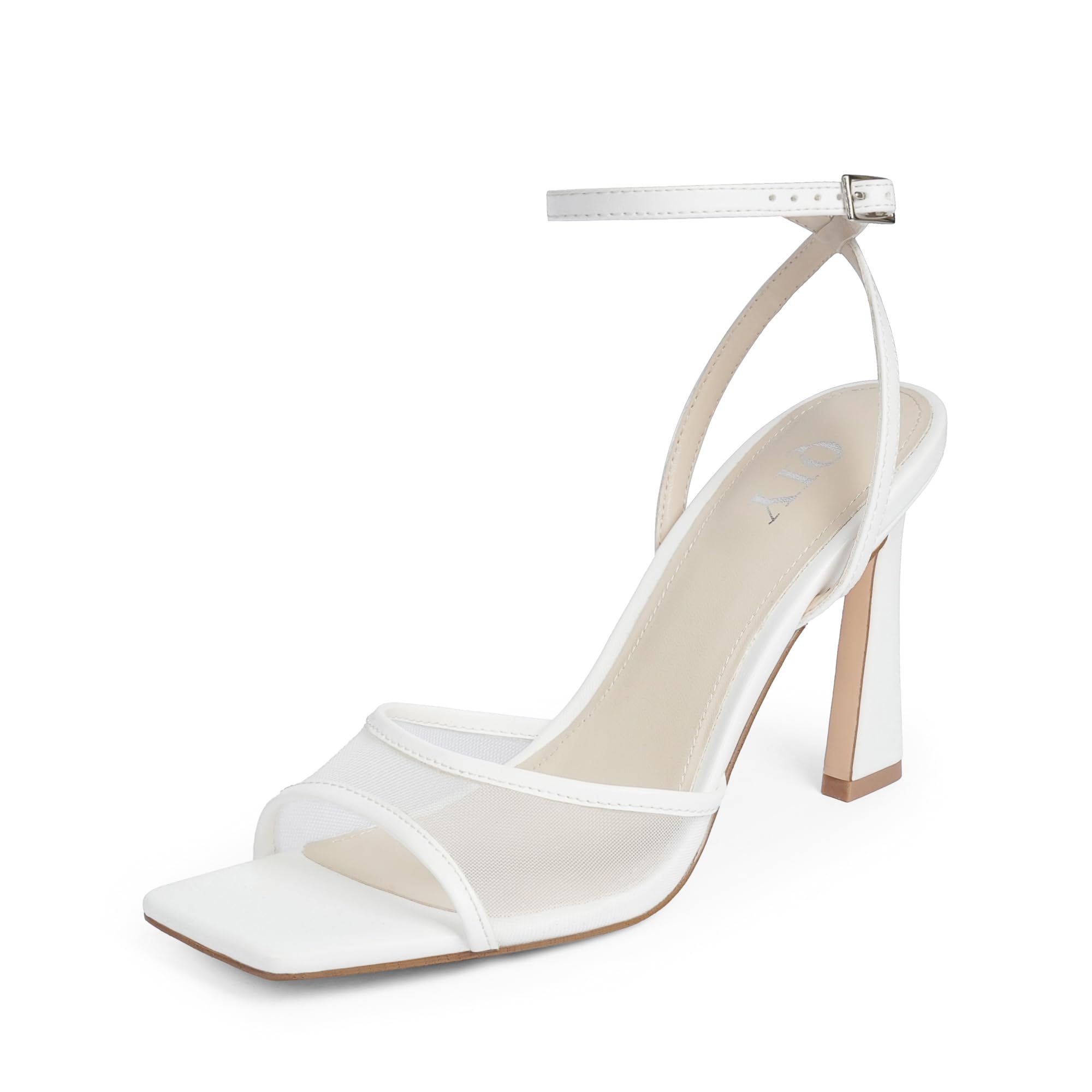 Photo 1 of QIY Women White Heels Mesh Strappy High Heel Stilettos Open Square Toe 3 Inch Ankle Strap Heels White Heeled Sandals Dress Wedding Shoes Size 8