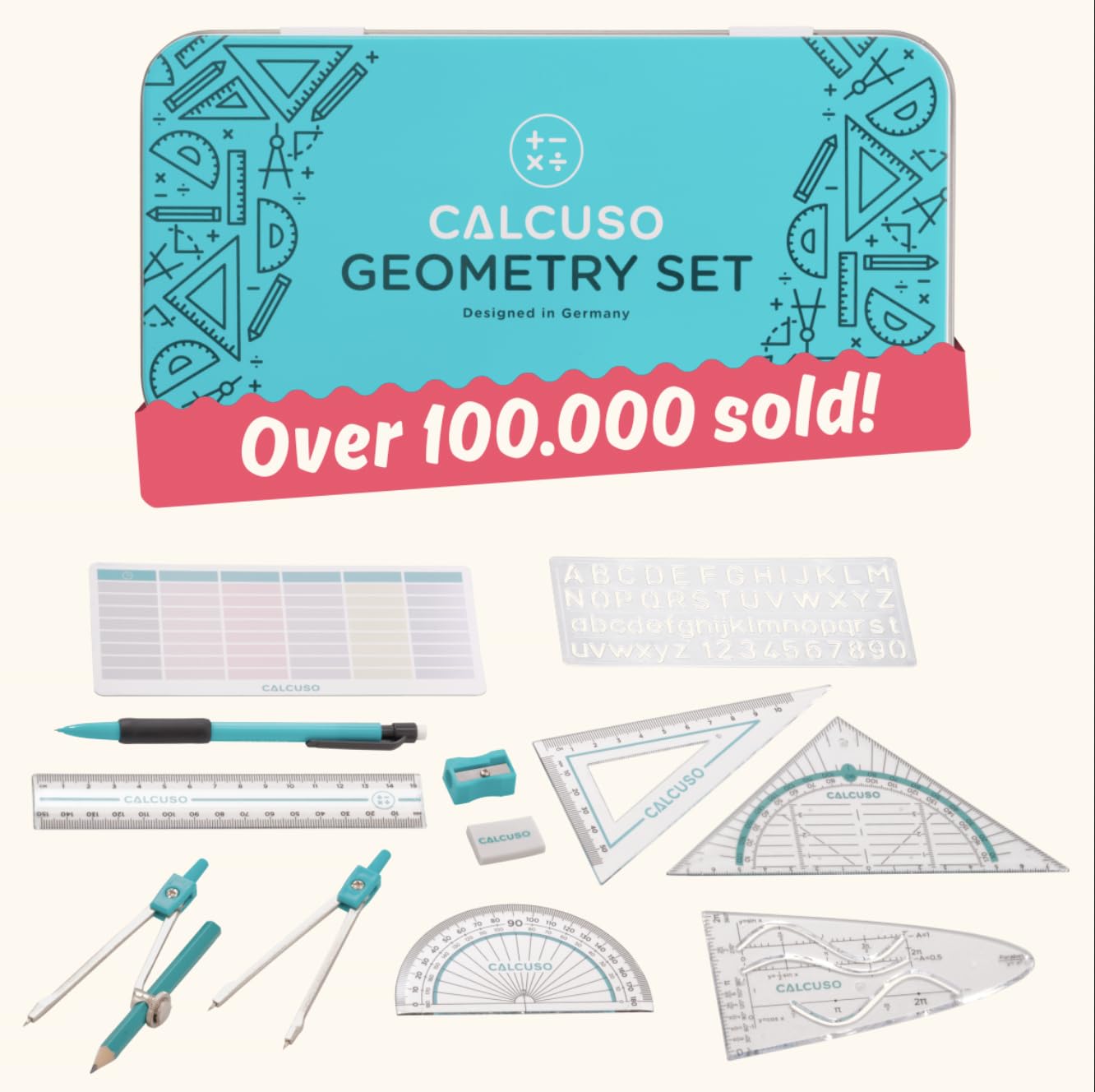 CALCUSO Geometry Set 14 Pieces with Compass, Triangle in Sturdy Metal Box - practical mathematics set for school, office, university, drawings, elementary schools โ image 1