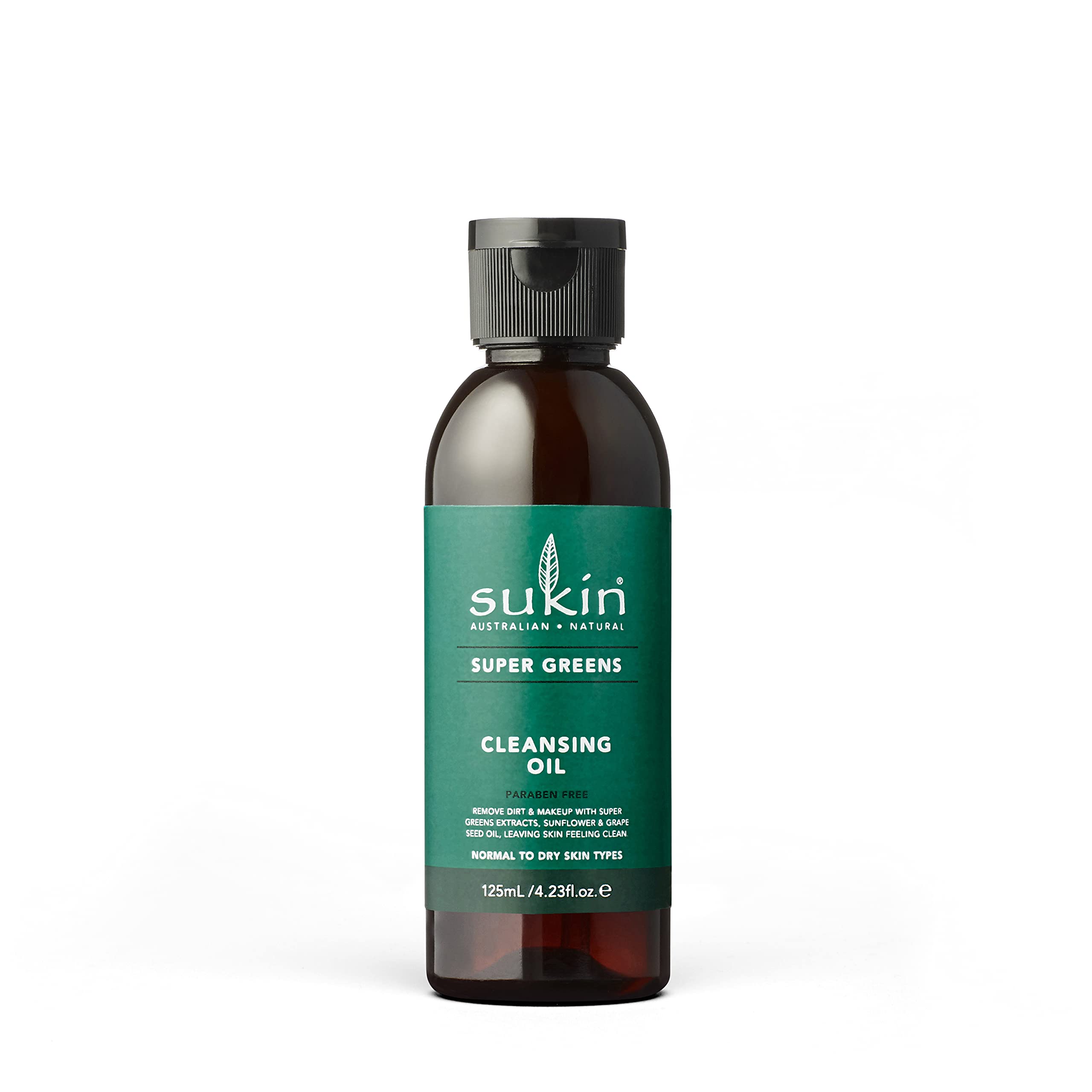 Sukin Super Greens Facial Cleansing Oil 125ml - with Sunflower & Grapeseed Oil; cruelty free & vegan friendly -dissolves makeup & dirt leaving skin hydrated.