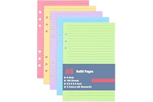 A5 Filler Paper, 6 Hole Colorful Refills, Lined Paper for 6 Ring Binder, 100 Sheets/200 Pages, 5-Color Refills Paper, Per Col