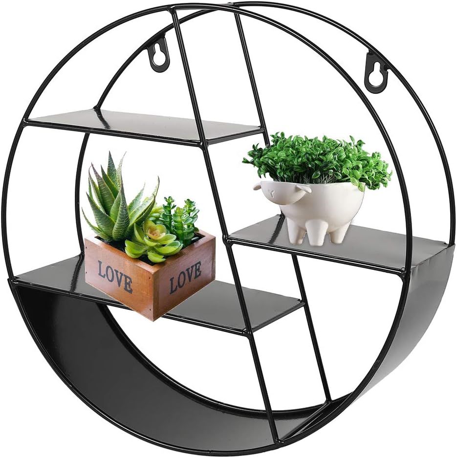 78Henstridge Wall Decorative Shelf Round Iron Wall Mounted Shelves Elegant Black Metal Storage Organiser Unit Display Rack (Black)