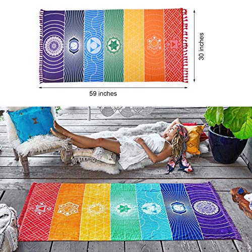Simpkeely Chakra Tapestry, Cotton Rainbow Meditation Yoga Mat, Colorful Bohemian Hippy Chakras Shawl Tassel Striped Beach Towel - 59\