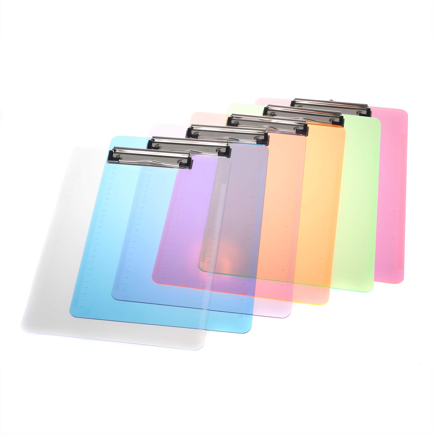 [Pack of 6] A4 Clipbboard Transparent Plastic, Rubberized Metal clamp, Durable Assorted Coloured Paper Holder Writing Memo Document Form Holder, Writing Board, Ruler Edge Design, 6 Colors, TKD8000