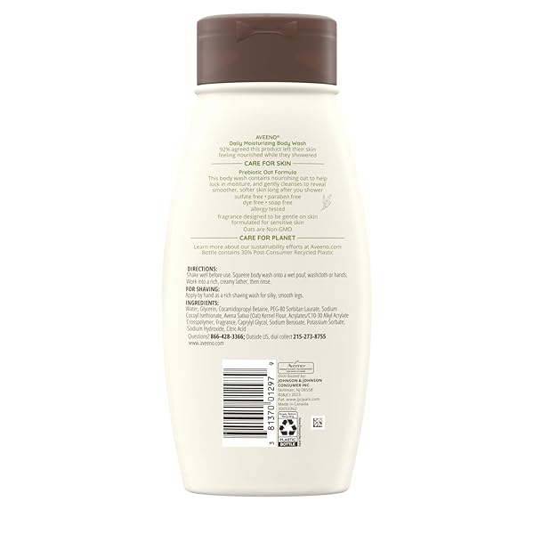 AVEENO DAILY MOISTURIZING BODY WASH FOR DRY SKIN WITH SOOTHING OAT ; RICH EMOLLIENTS, CREAMY SHOWER CLEANSER, GENTLE, SOAP-FREE AND DYE-FREE, LIGHT FRAGRANCE, 18 FL. OZ.