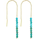 CRYSTALINES Genuine Turquoise Gemstone Dangle Threader Earrings, Handmade Boho Lightweight Jewelry, Wicca & Reiki Healing Crystals, Gold Pull-Through Design Earrings, Christmas Gift for Women (4inch)