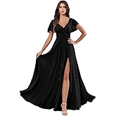Women's Chiffon Formal Bridesmaid Dresse Elegant Wedding Guests Maxi Gown for Women with Slit Ruffles Ruche Evening Dress