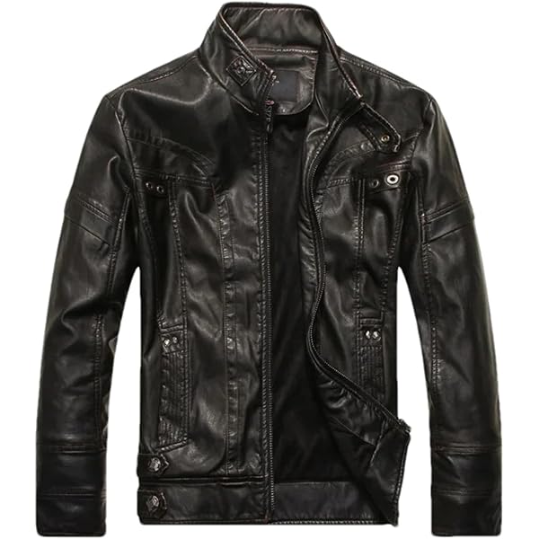 PASOK Men's Faux Leather Jacket Vintage Stand Collar Motorcycle PU