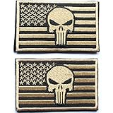 2 Pack Punisher Skull American USA Flag Velcro Patch Tactical Decorative Embroidered Badge Moral appliques (Tan)