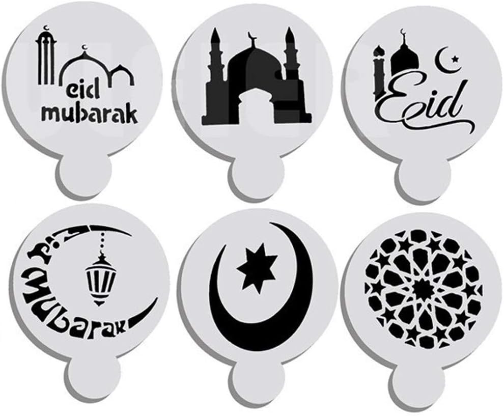 Fainosmny 6pcs Ramadan Mubarak Festival Marking Cake Top Stencil Decorating Star Mold Moon Cake Mould Baking Mold White