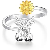 BEILIN Highland Cow Rings 925 Sterling Silver Adjustable Cute Cow Finger Ring Sunflower Cow Jewelry Gifts for Women