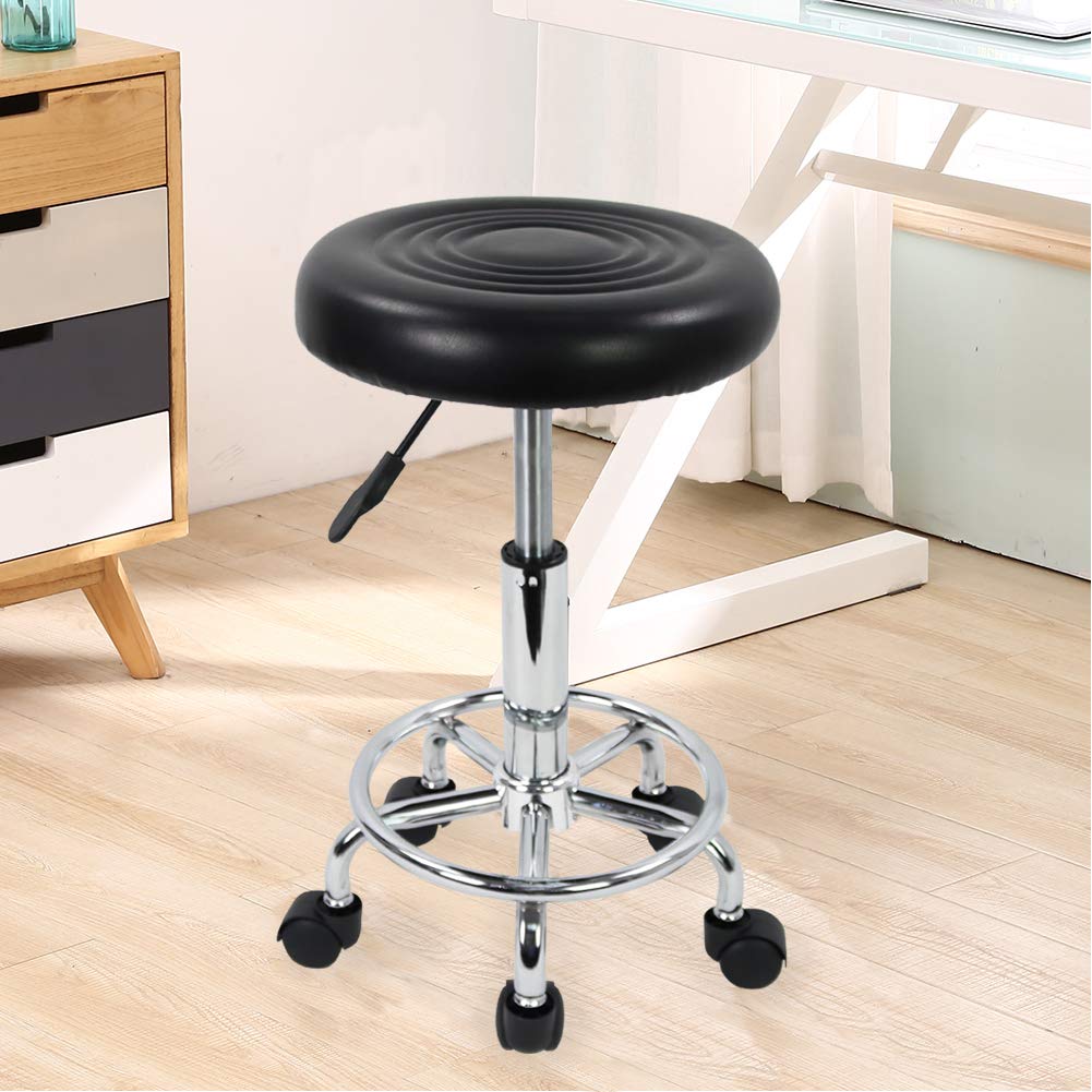 KKTONER PU Leather Modern Round Rolling Stool with Footrest Height Adjustable Spa Drafting Salon Tattoo Work Massage Stools Task Chair Small (Black): Furniture & Decor