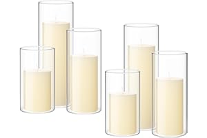 Shihanee Set of 6 Pillar Candles with Glass Cylinder Vases Clear Cylinder Hurricane Candleholders for Slim Tall Pillar Candles Wedding Thanksgiving Day Centerpieces(2.6'' X 4.7'', 5.9'', 7.9'',Ivory)