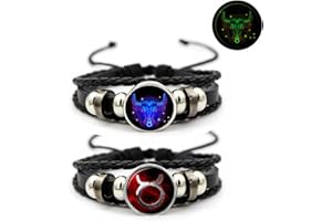 AKTULLY 2Pcs Multilayer Constellation Zodiac Leather Bracelet Vintage Black Leather Bracelet Adjustable Handmade Woven Bracelet Birthday Trendy Jewelry for Women Men
