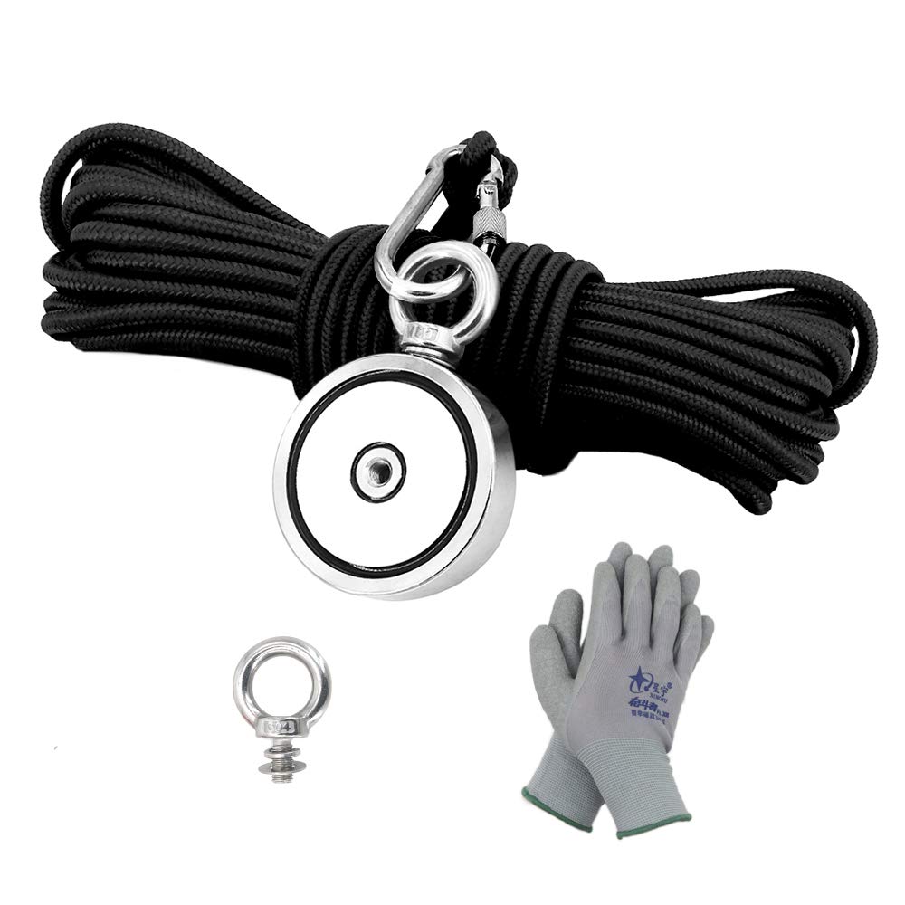 MHDMAG Double Sided Fishing Magnet with 65FT Rope and Gloves. 760lbs Combined Pulling Force Magnet Fishing Kit with Neodymium Rare Earth Magnet Heavy Duty for Retrieval and Salvage Underwater