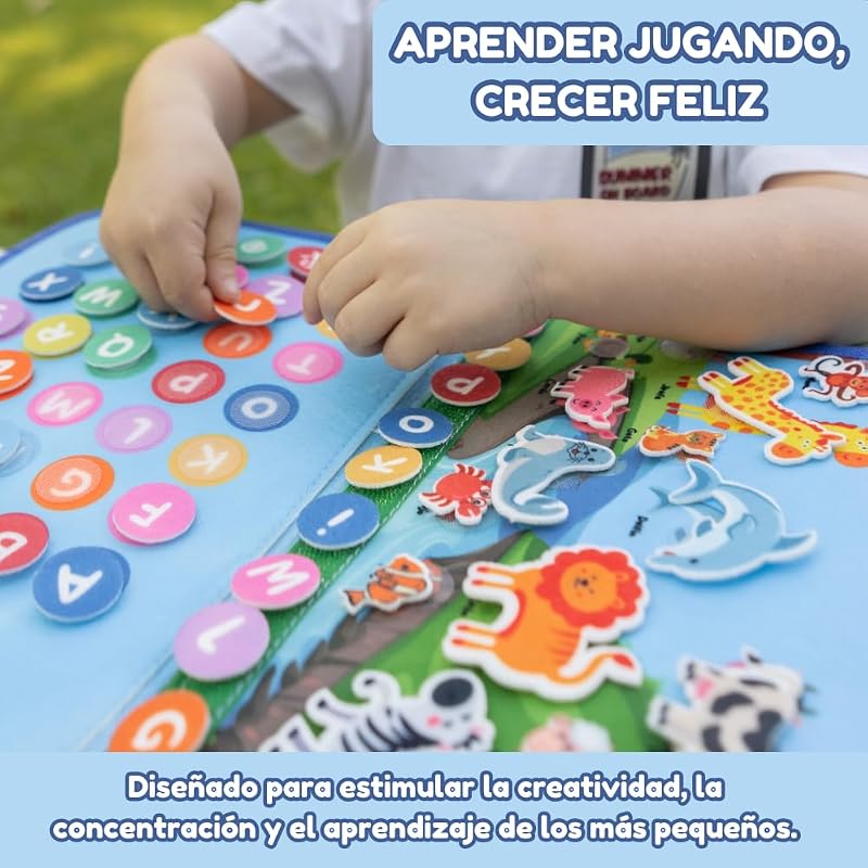 Tabuleiro Ocupado Montessori EM ESPANHOL – 3, 4 e 5 anos, Brinquedo de Viagem Portátil Educativo Sensorial Motricidade Fina e Aprendizagem, Livro de feltro Montessori, Presente para Raparigas e Rapazes
