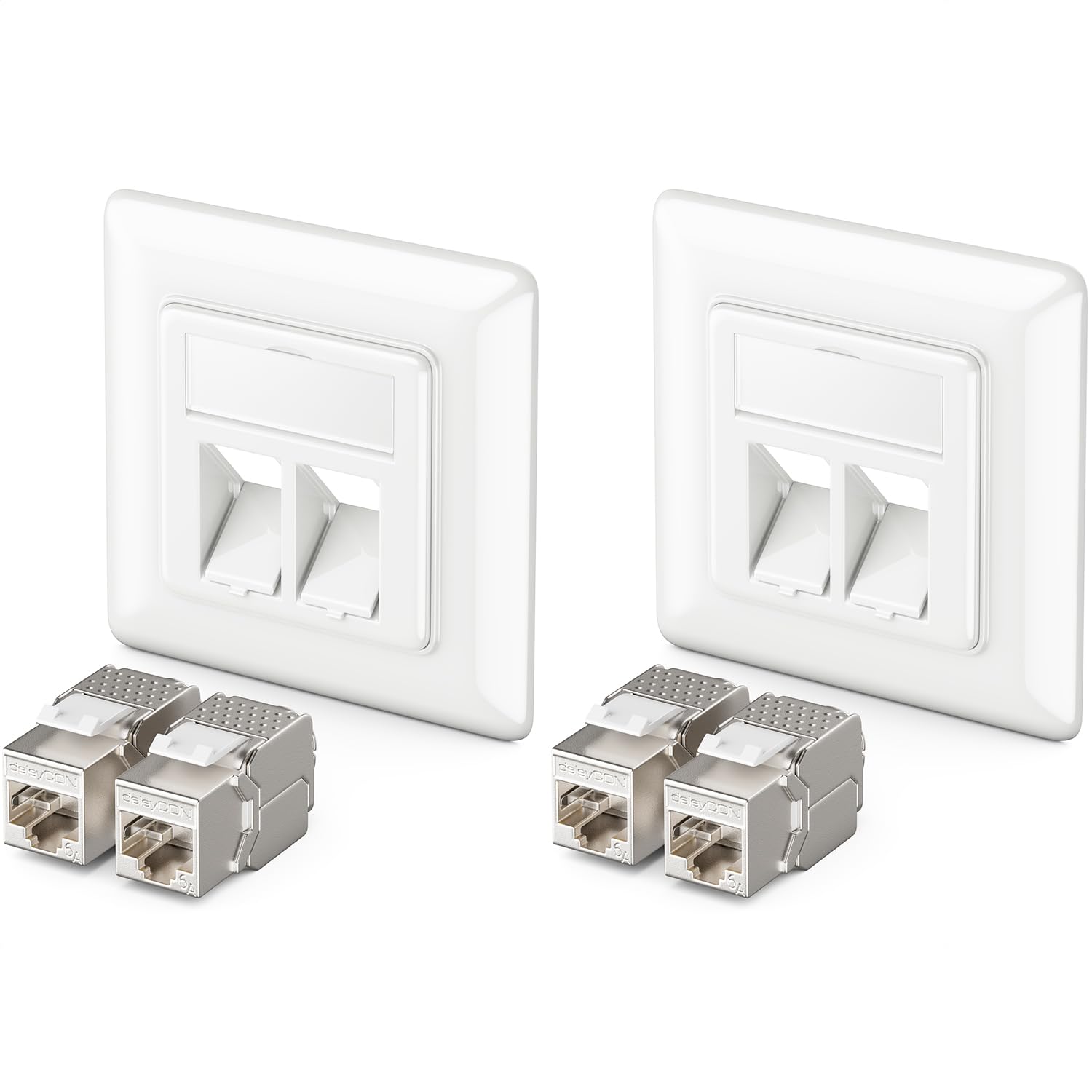 deleyCON 2x Keystone Network Data Socket Flush-Mounting 4x CAT 6a Keystone Jack Modules RJ45 Socket Network Installation Cables Fully Shielded Uni White