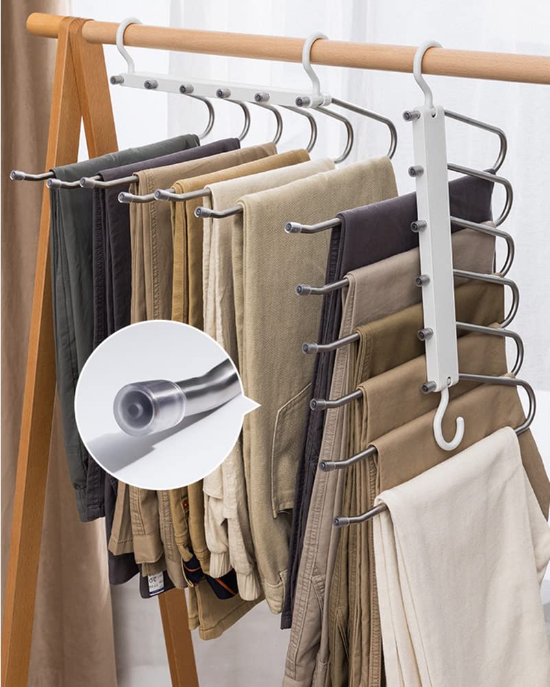 NatureMan Pants Hangers, 2 Pack Stainless Steel 6 Layers Pants Hangers Space Saving Non-Slip wardrobe Storage Organizer, Multifunction Cascading Hanger,for Skirts Jeans Scarves Ties Leggings