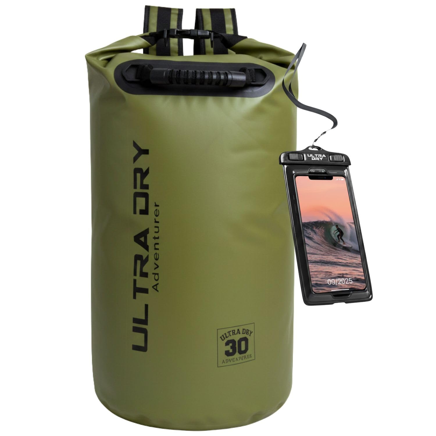 Ultra Dry Adventurer 30L Dry Bag Backpack - Premium Army Green Waterproof Bag with Waterproof Phone Pouch & Padded Backpack Straps for Kayaking, Canoeing, Boating & Camping