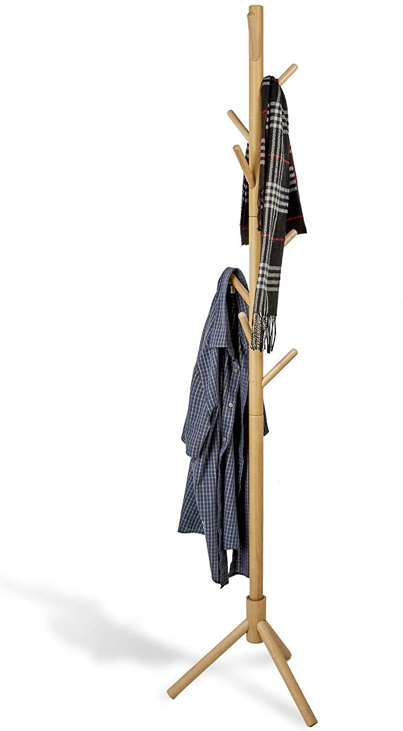 Photo 1 of Deluxe Wooden Coat Rack Tree - 8 Hooks Adjustable Height Hat, Jacket and Sweater Hanging Stand - Easy Assembly - Elegant Design for Home or Office Hall and Entrywa