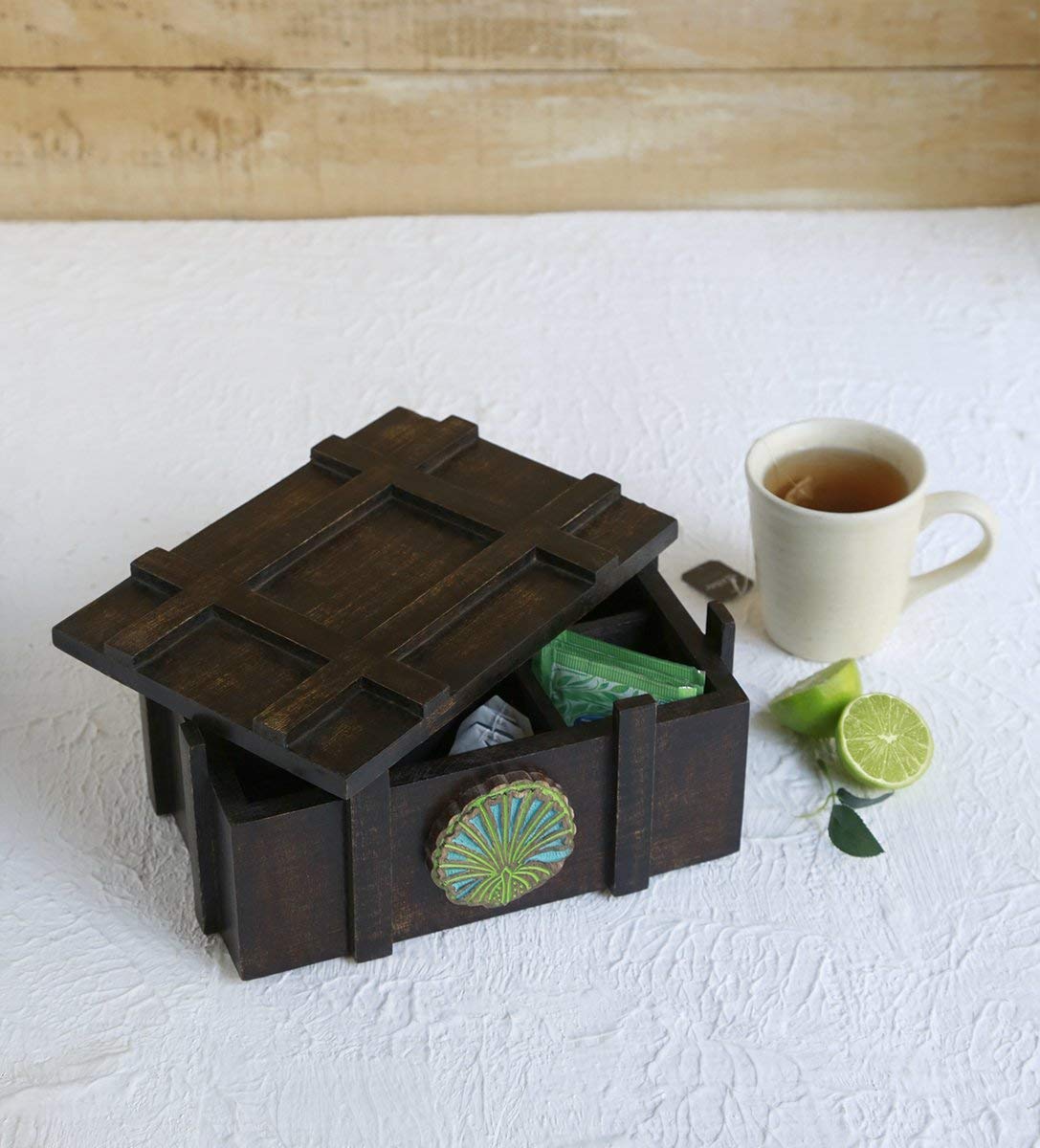 Vintage Wooden Handmade Tea Box with Handcrafted Wooden Compartment