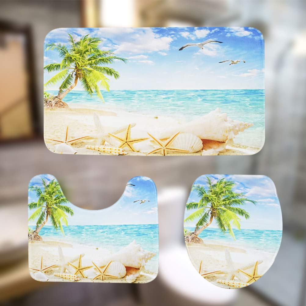 TOPBATHY Set of 3pcs Toilet Mat Set Printing Coconut Trees Pattern Antiskid Contour Mat Rug Carpet Toilet Seat Lid Cover Pad for Home Summer Beach Holiday Hotel Bath Decor : Beauty