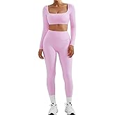 SUUKSESS Women 2 Piece Workout Sets Tummy Control Compression Yoga Pants with Pockets Square Neck Long Sleeve Padded Sport Bra (Pink, S)