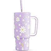 Meoky 24 oz Tumbler with Handle for Kids: Stainless Steel Insulated Tumbler with Handle - Keeps Cold for 24 hours - 100% Leakproof - BPA-Free for Travel Car Cupholders - Girls Students, Purple Daisy
