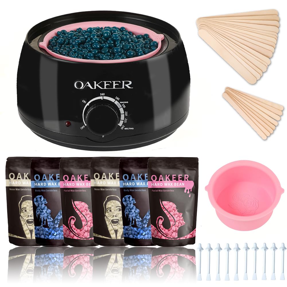 Oakeer Waxing Kit for Women Men, Wax Pot Machine, Wax Warmer for Hair Removal At Home With 6 Bags Beans, Body Waxing For Eyebrows Nose Cheeks Arms Bikinis Legs