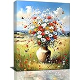 Farmhouse Wildflower Bouquet Canvas Wall Art Colorful Wildflower Canvas Wall Art Vintage Colorful Modern Floral Wall Decor Bedroom Office Decoration (12x16 Inch Framed)