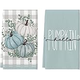 Artoid Mode Hello Pumpkin Eucalyptus Leaves Fall Kitchen Towels Dish Towels, 18x26 Inch Autumn Thanksgiving Harvest Tea Hand Towel Set of 2