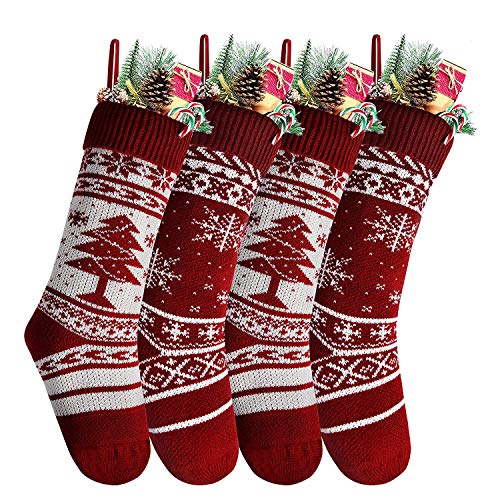 Yostyle Christmas Stockings, 4 Pack 18 inches Large Size Cable Knit Knitted Xmas Stockings, Rustic Personalized Stocking Decorations for Family Holiday Season Decor (Snowflakes, Xmas Tree)