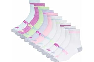 PUMA Girls Low Crew Socks, 10 pairs, Youth Size 4-9.5, Multi, One Size