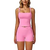 ABOCIW Workout Sets for Women 2 Piece Square Neck Tank Top Crossover Biker Shorts with Pockets Yoga Gym Outfits
