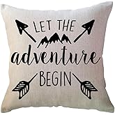ULOVE LOVE YOURSELF Adventure Arrow Throw Pillow Covers Mountain Forest Pillowcases 18 x 18 Inch Let The Adventure Begin Decorative Cushion Covers for Cabin/Camper (Beige)