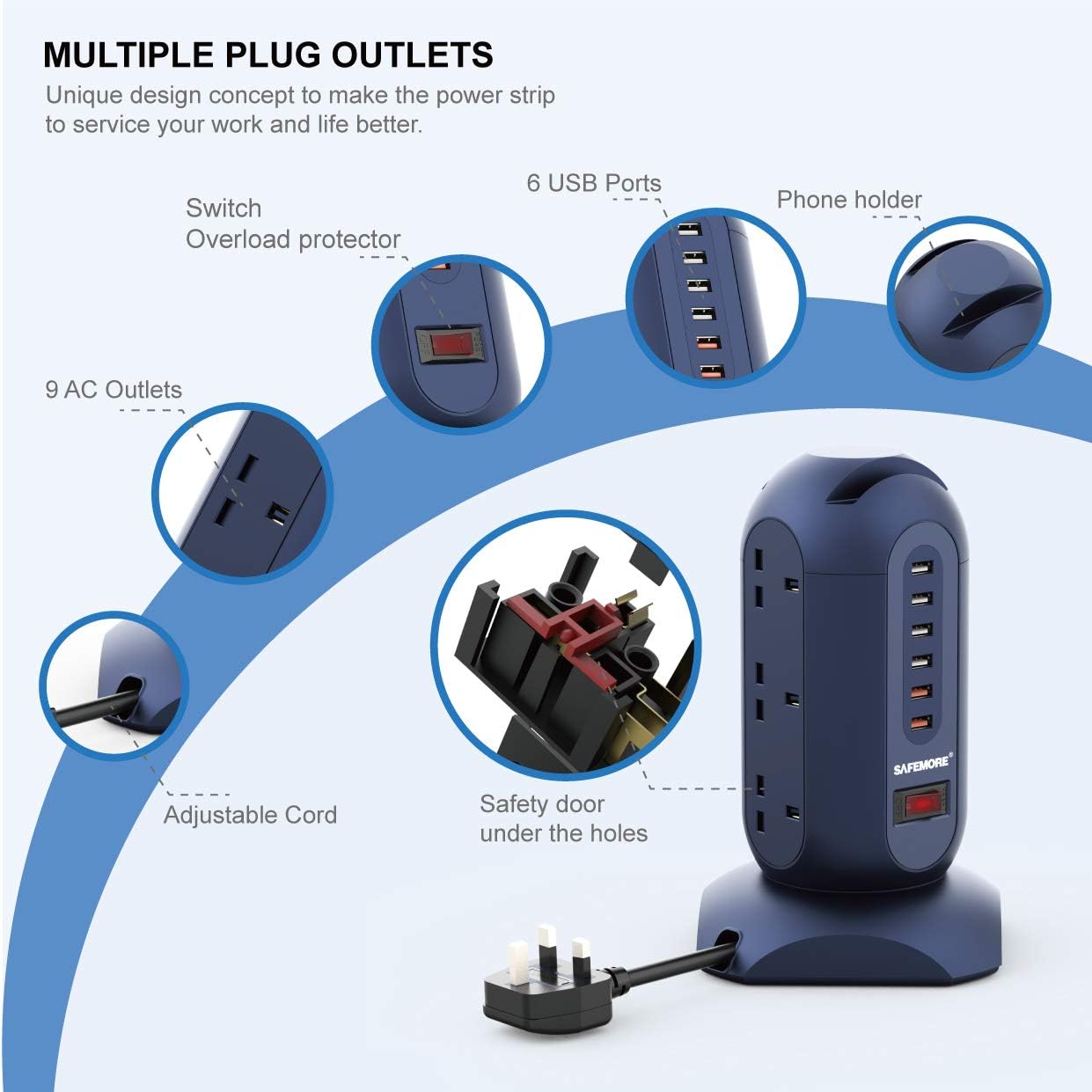 Extension Lead with USB Slots, SAFEMORE 9 Outlets Power Strip Tower