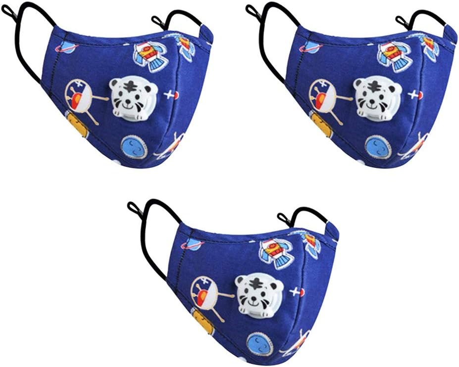 SHUBHU Children's 3PCS Cartoon Face Bandanas Reusable Dustproof PM2.5 Outdoor Cotton Mouth Bandanas with Breathing Valve Blue