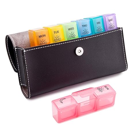 Tablettenbox 7 Tage - BUG HULL Medikamentenbox Pillendose Morgens Mittags Abends Reise mit PU Leder