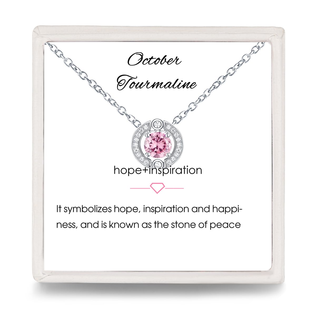 October Tourmaline Birthstone Necklace Women: 925 Sterling Silver Dainty Simple Round Solitaire Pendant Necklaces Pink Gem Crystals Jewelry with Cubic Zirconia Cute Birthday Gifts for Teen Girls Mom